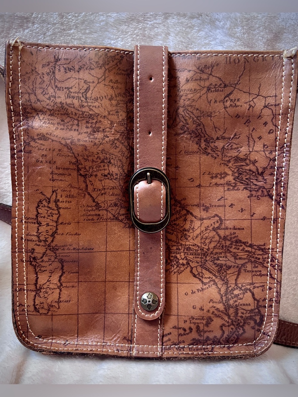 Patricia Nash Map Print Leather Crossbody Bag Brown Vintage Travel Messenger